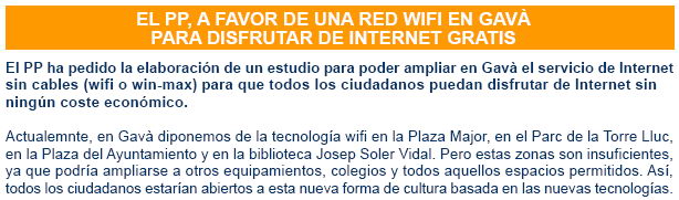 Notícia publicada al butlletí GAVÀ POPULAR sobre la petició del PPC de Gavà a l'Ajuntament de Gavà perquè s'ampliïn els espais de connexió al WI-FI (Novembre de 2007)